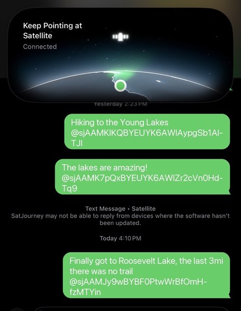 An iPhone connected to a satellite, sending SatJourney trip updates over Messages with no cell signal