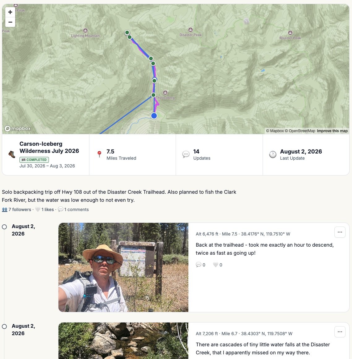 A SatJourney trip page — the route, the stats, and updates posted from the trail